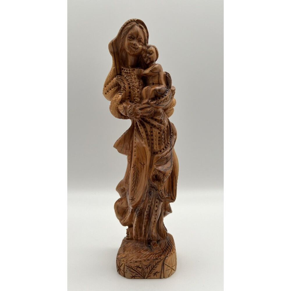 Hand Carved Olive Wood 9.5” Virgin Mary and Baby Jesus Figurine Statue